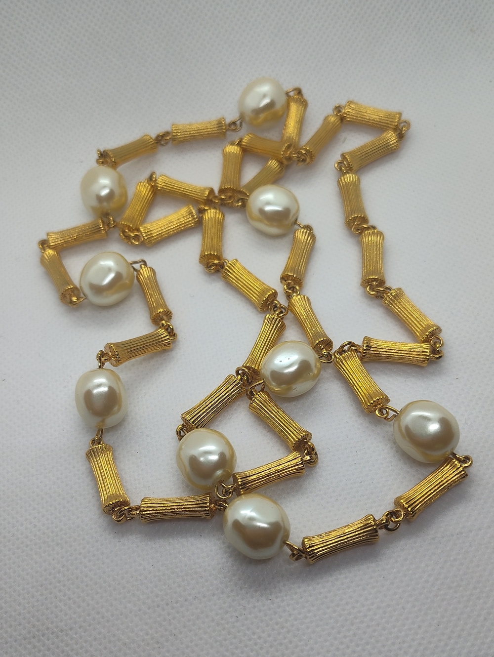 St. John's Gold-tone Bar Bamboo Link Necklace with Large White Pearls 35"